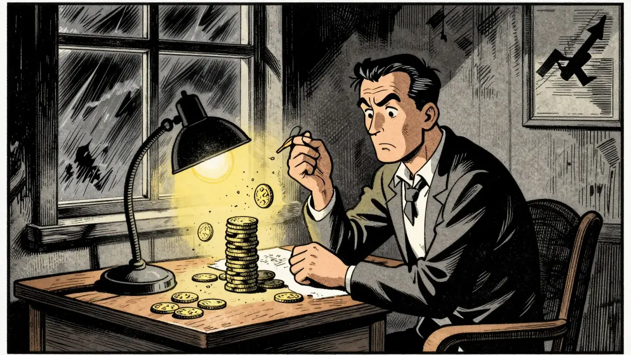 Trader watching coins fade to dust under a dim lamp in a storm