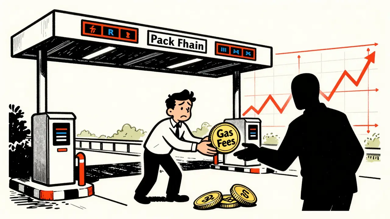 User paying high gas fees at a digital toll booth in retro cartoon art