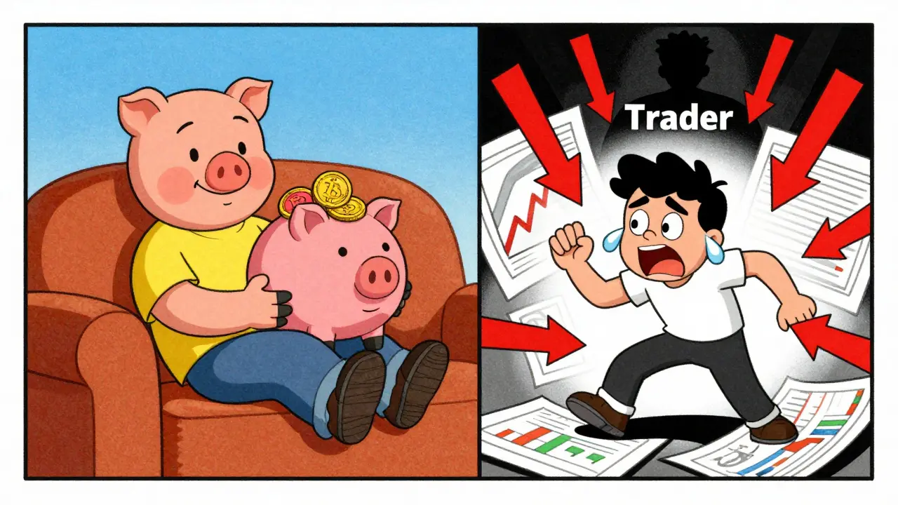 Vintage cartoon comparing crypto holder vs trader stress