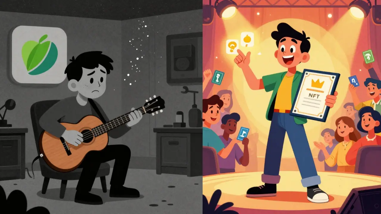 Vintage cartoon comparing poor traditional music streaming pay vs HUSL NFT earnings