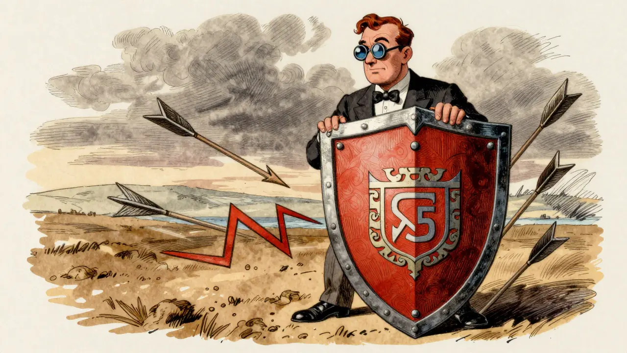 Vintage cartoon figure shielding capital from market risks