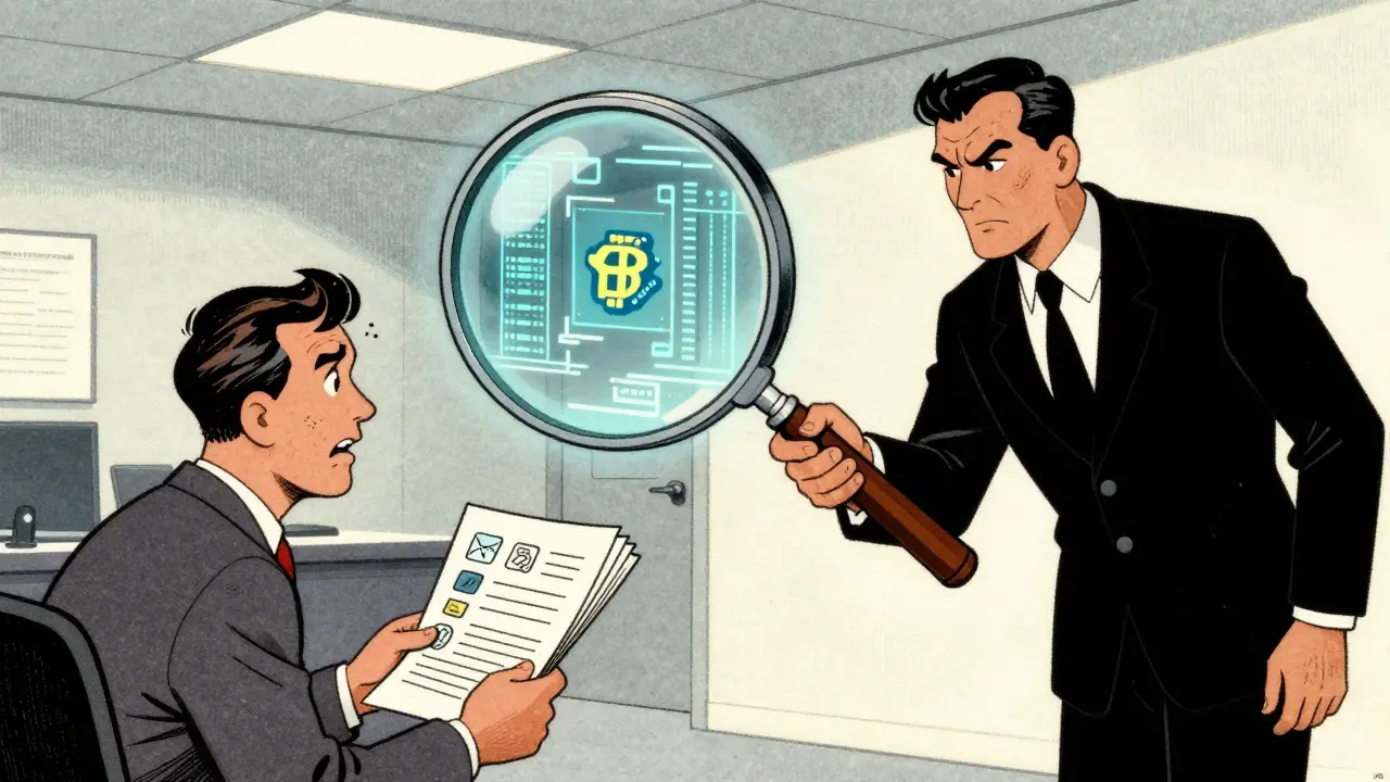 Vintage cartoon of crypto worker under regulatory scrutiny