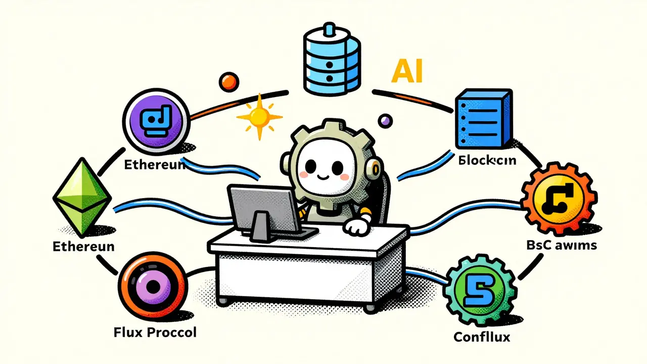 Vintage comic style mascot connecting blockchain networks with AI symbols