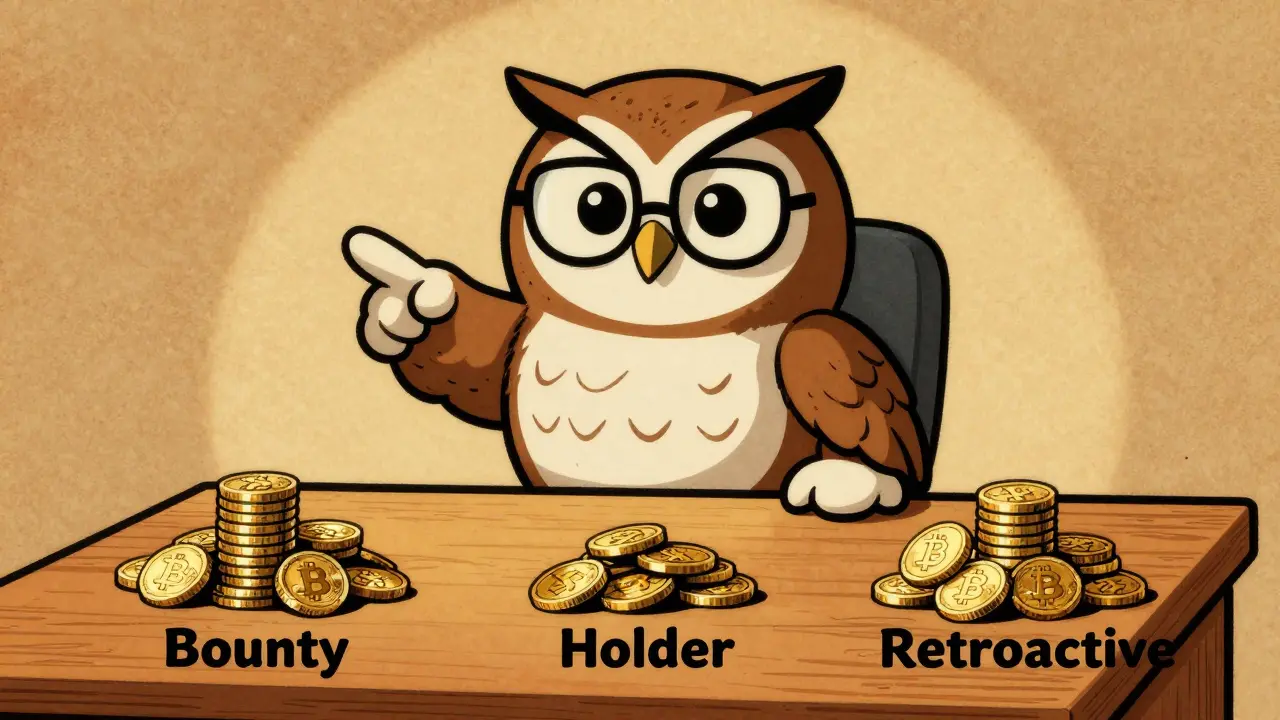 Vintage illustration of an owl explaining different types of crypto airdrops with token piles.