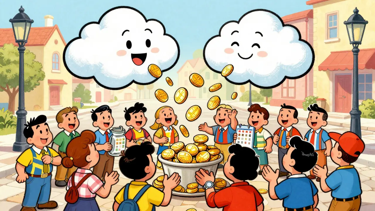 Whimsical cartoon scene of golden tokens raining down on happy users.