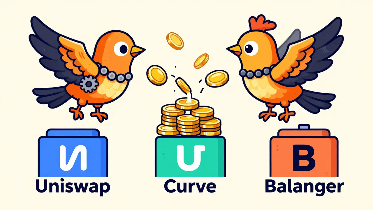 Cartoon bird splitting coins across different DeFi platforms