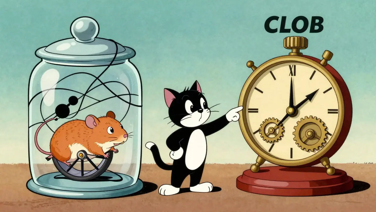 Cartoon comparison of chaotic hamster wheel vs orderly clockwork gears representing different trading models