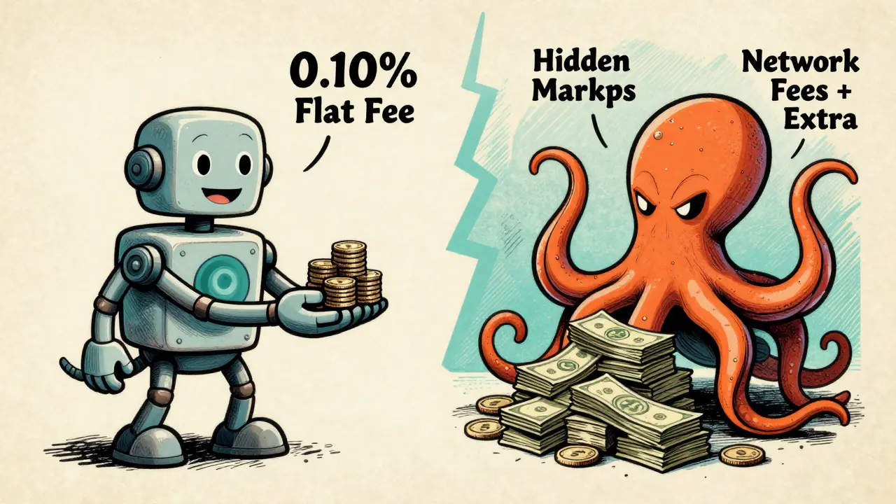 Cartoon comparison of flat fees versus hidden exchange markups