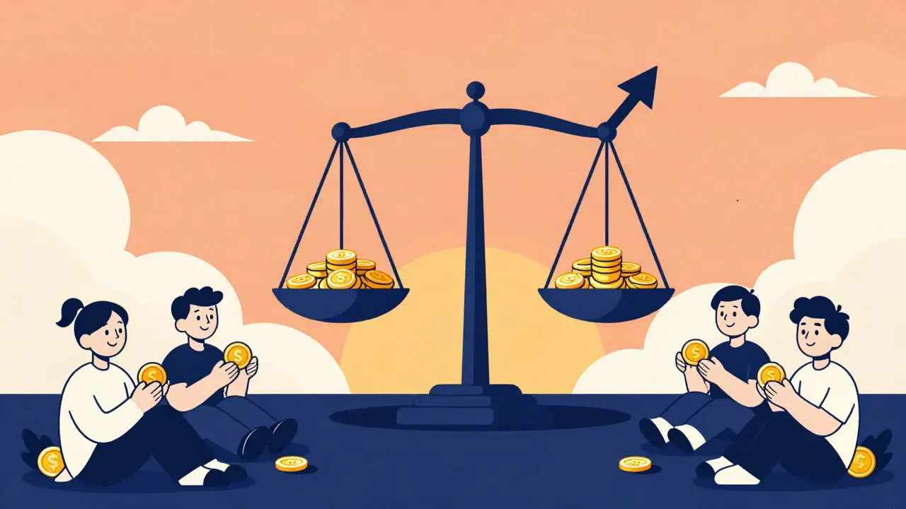 Cartoon depiction of a balanced scale with tokens and an upward arrow, surrounded by relaxed holders
