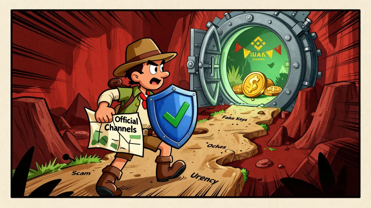 Cartoon explorer avoiding scam traps to reach secure Landshare crypto vault