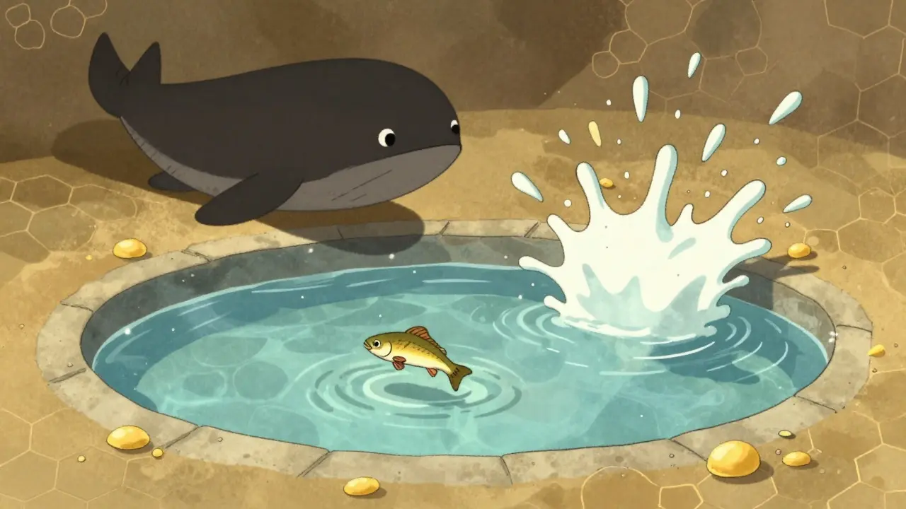 Cartoon illustration of a shallow water pool with a small fish and a looming shadow, representing liquidity risks.