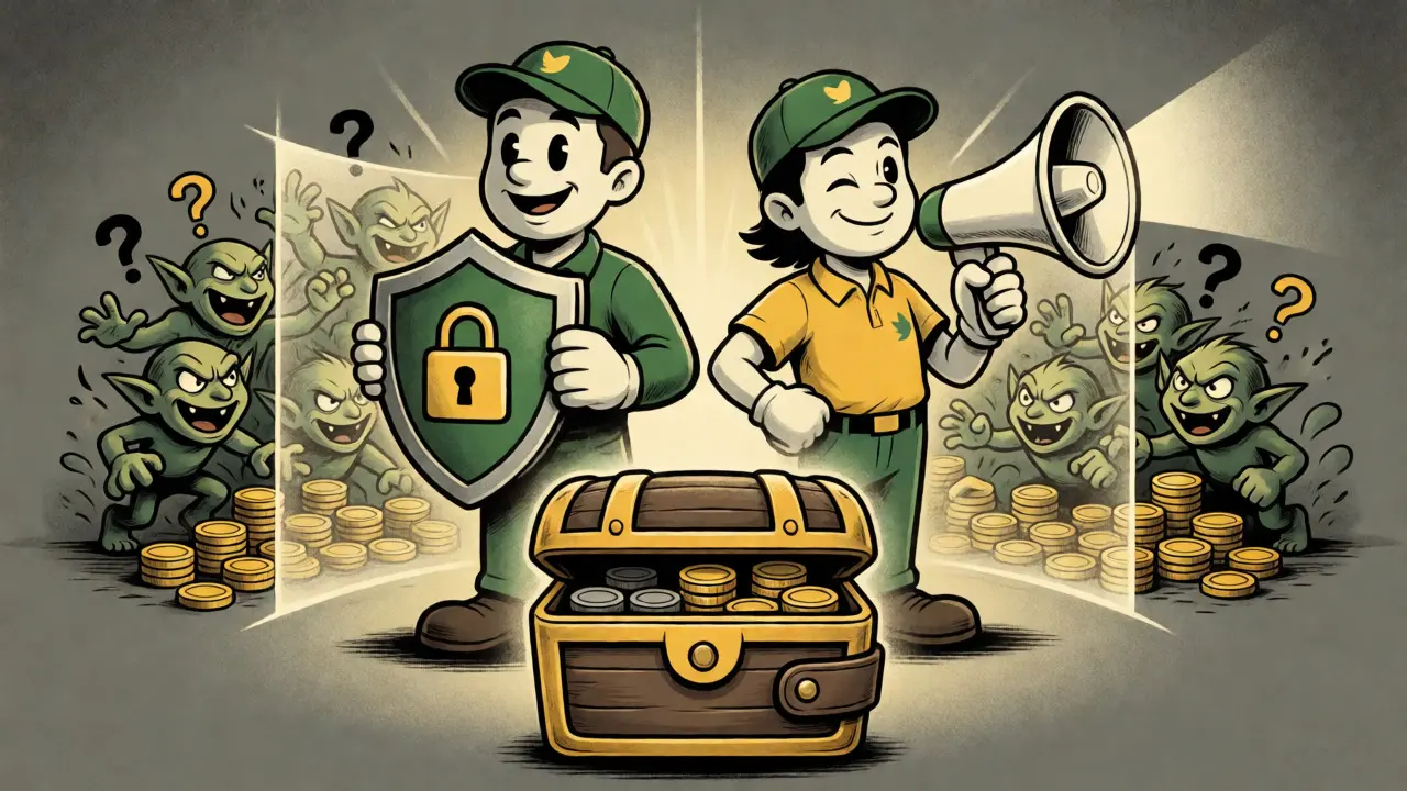 Cartoon illustration of secure users protected from scam goblins near a treasure chest.