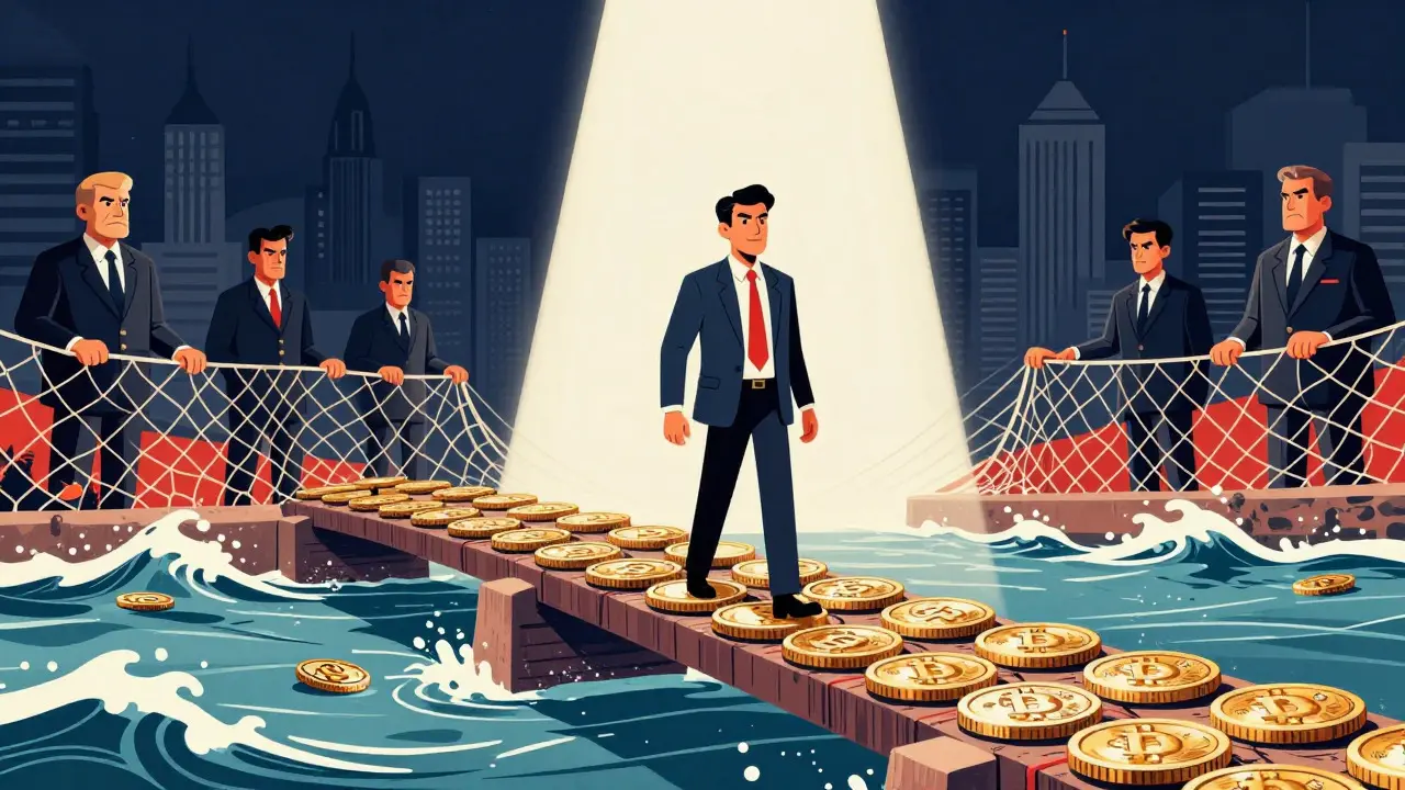 Cartoon of an investor crossing a secure bridge made of digital coins