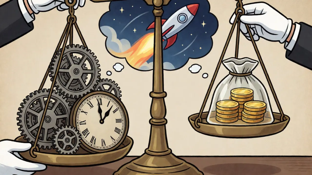 Cartoon scale balancing heavy mechanical gears against a small bag of gold coins.