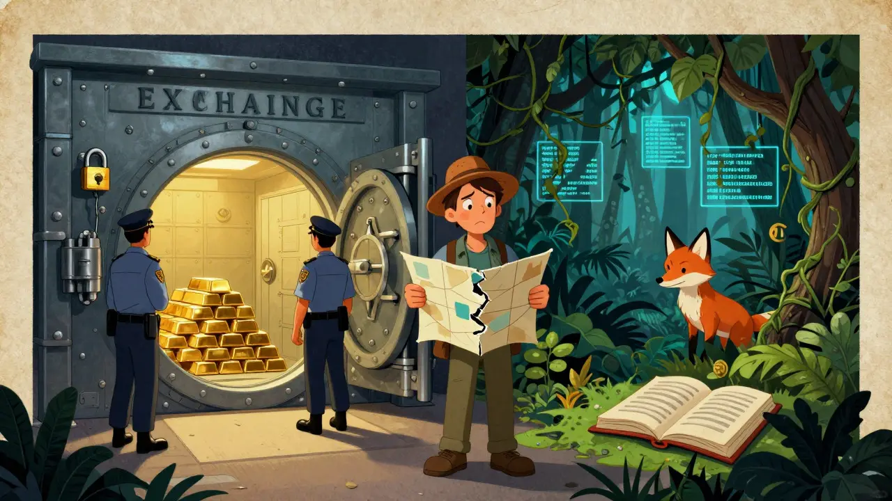 Cartoon split view comparing a secure bank vault with a wild digital jungle