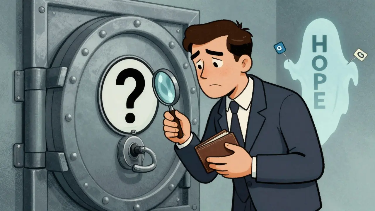Cautious cartoon investor inspecting a mysterious crypto vault