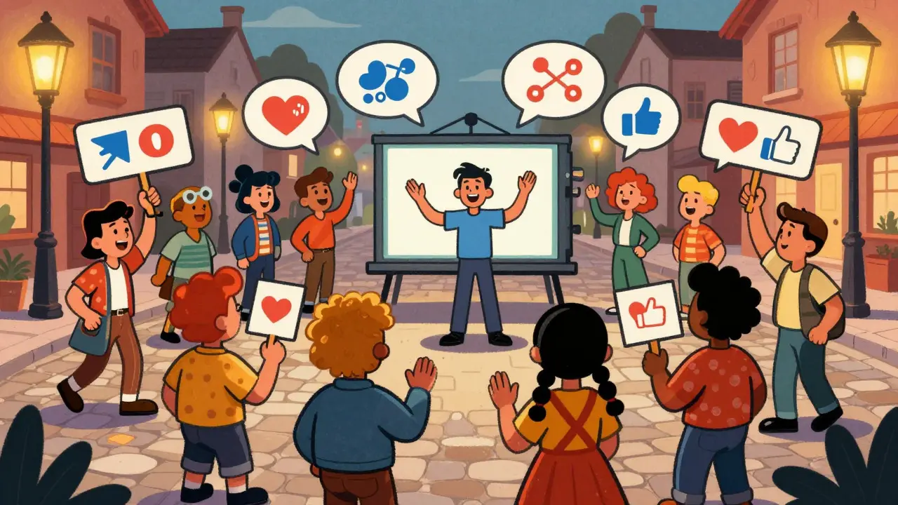 Community gathering around an artist presentation in a vintage cartoon town square.