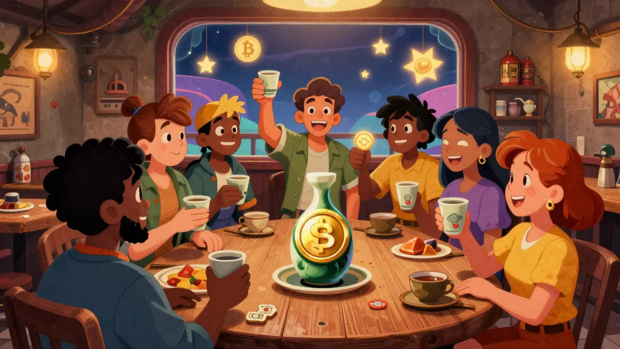 Community members celebrating with sake and badges in a vintage cartoon tavern
