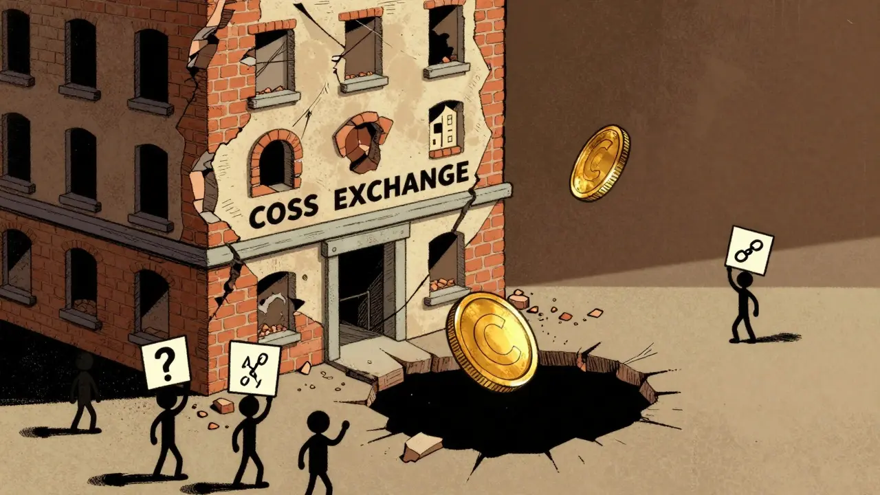 Crumbling building and falling coin illustrating exchange collapse
