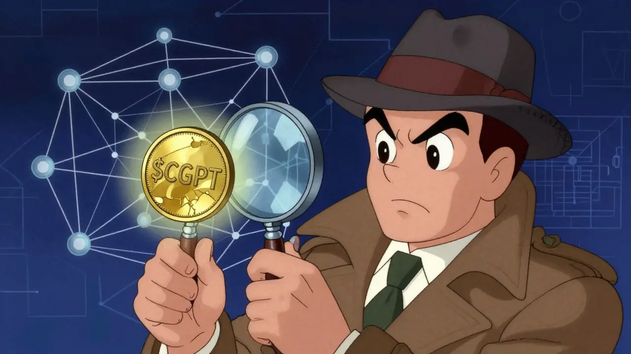 Detective examining a glowing CGPT token with a magnifying glass in vintage style