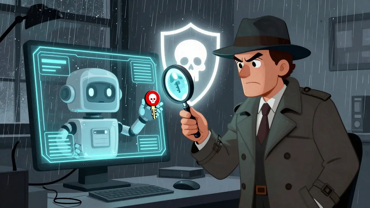 Detective inspecting a suspicious robot bot with a magnifying glass in vintage cartoon