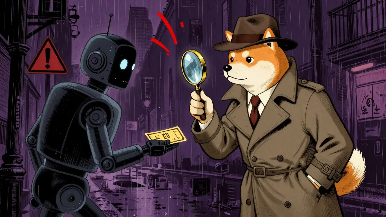 Detective Shiba Inu inspecting a scammer robot