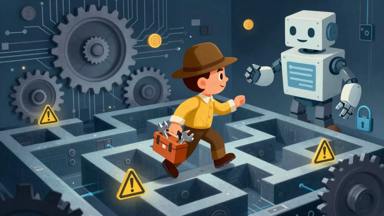 Detective-style cartoon character navigating a technical maze with safety tools