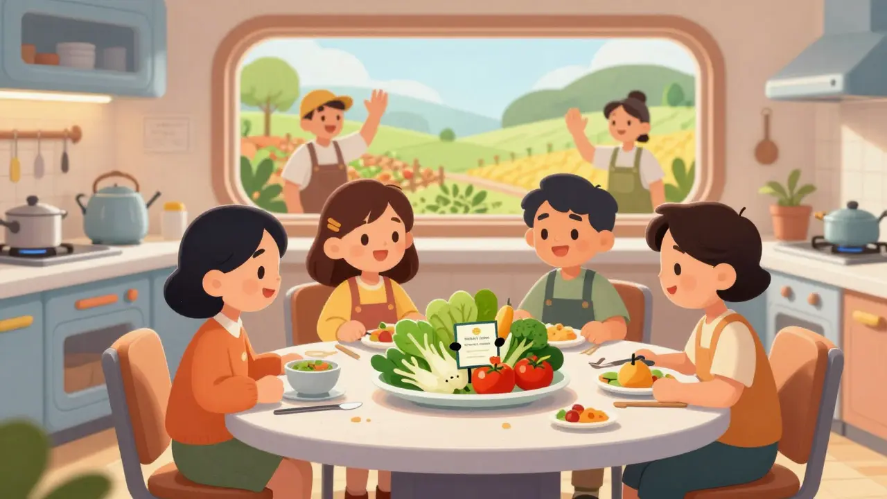 Family eating dinner with vegetable mascot showing farm origin in vintage style