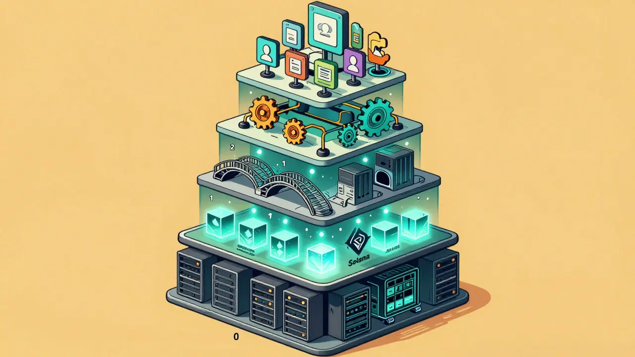 Five-layer Web3 tech stack illustrated as a vintage cityscape
