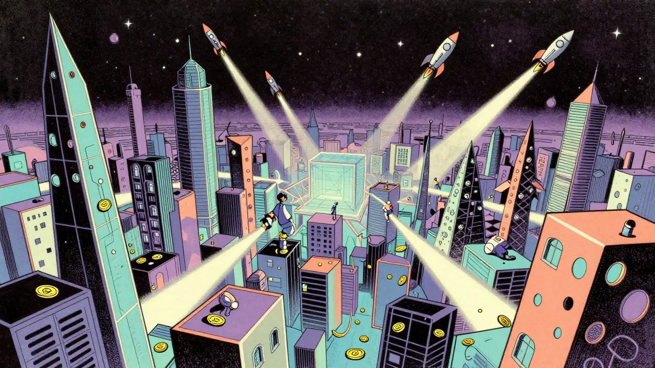 Floating virtual city with launching rockets in a vintage cartoon illustration