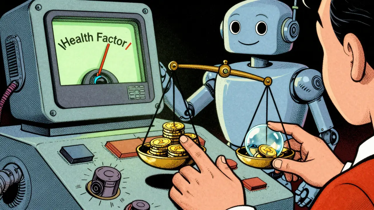 Hands balancing collateral and loans on a retro trading scale with a health factor gauge