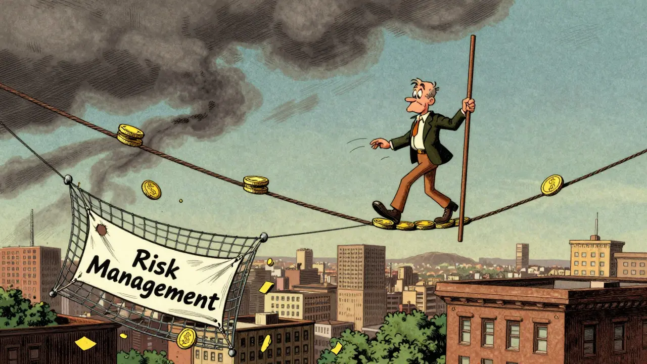 Illustration of a person balancing on a coin tightrope above a city with a safety net