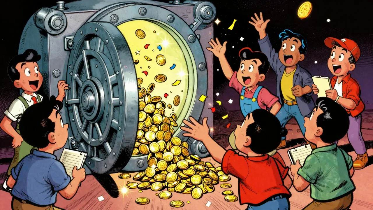 Illustration of characters collecting tokens from an open vault