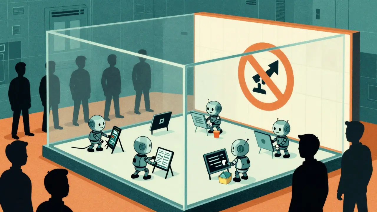 Illustration of fintech robots working in a regulated blockchain sandbox