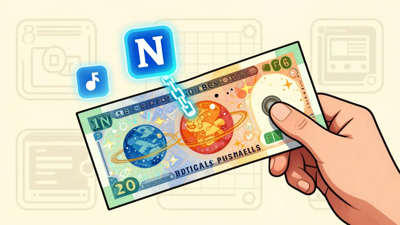 Illustration of physical crypto notes linked to digital assets