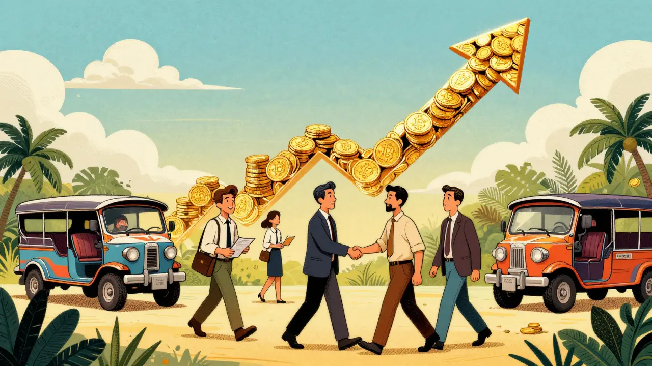 Optimistic growth of the crypto market depicted as a rising coin arrow in vintage art