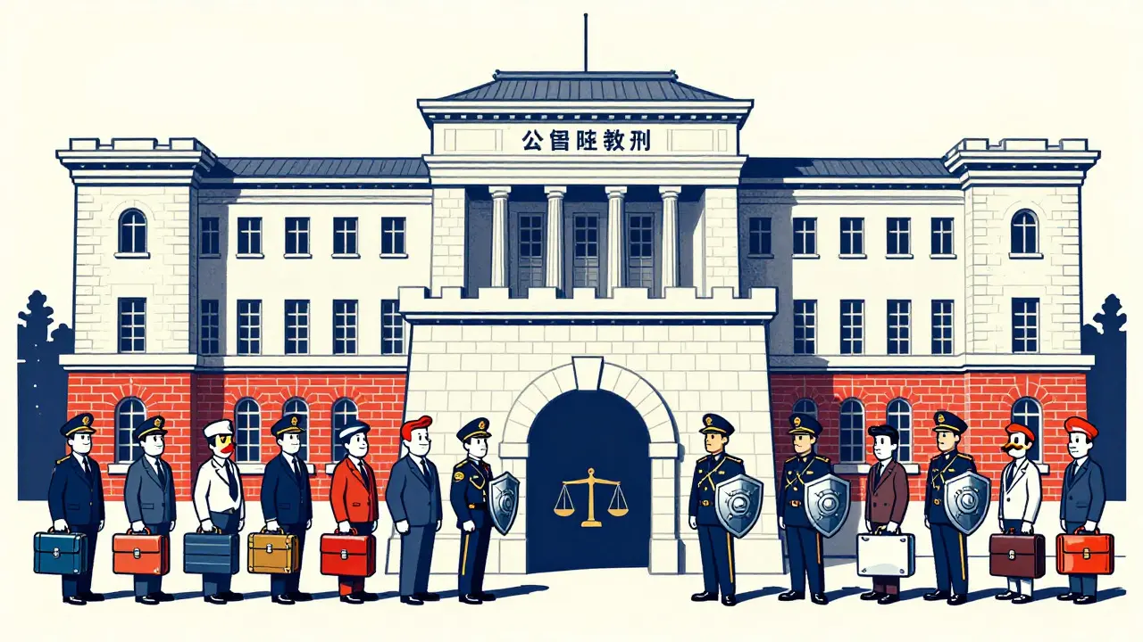 Orderly queue of businesses entering a fortified regulatory building in vintage style