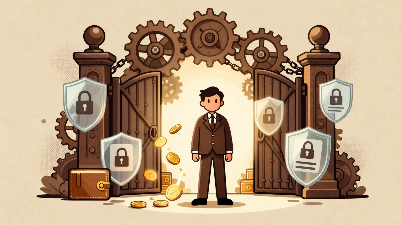 Retro cartoon figure standing before a gear-based gate with tokens