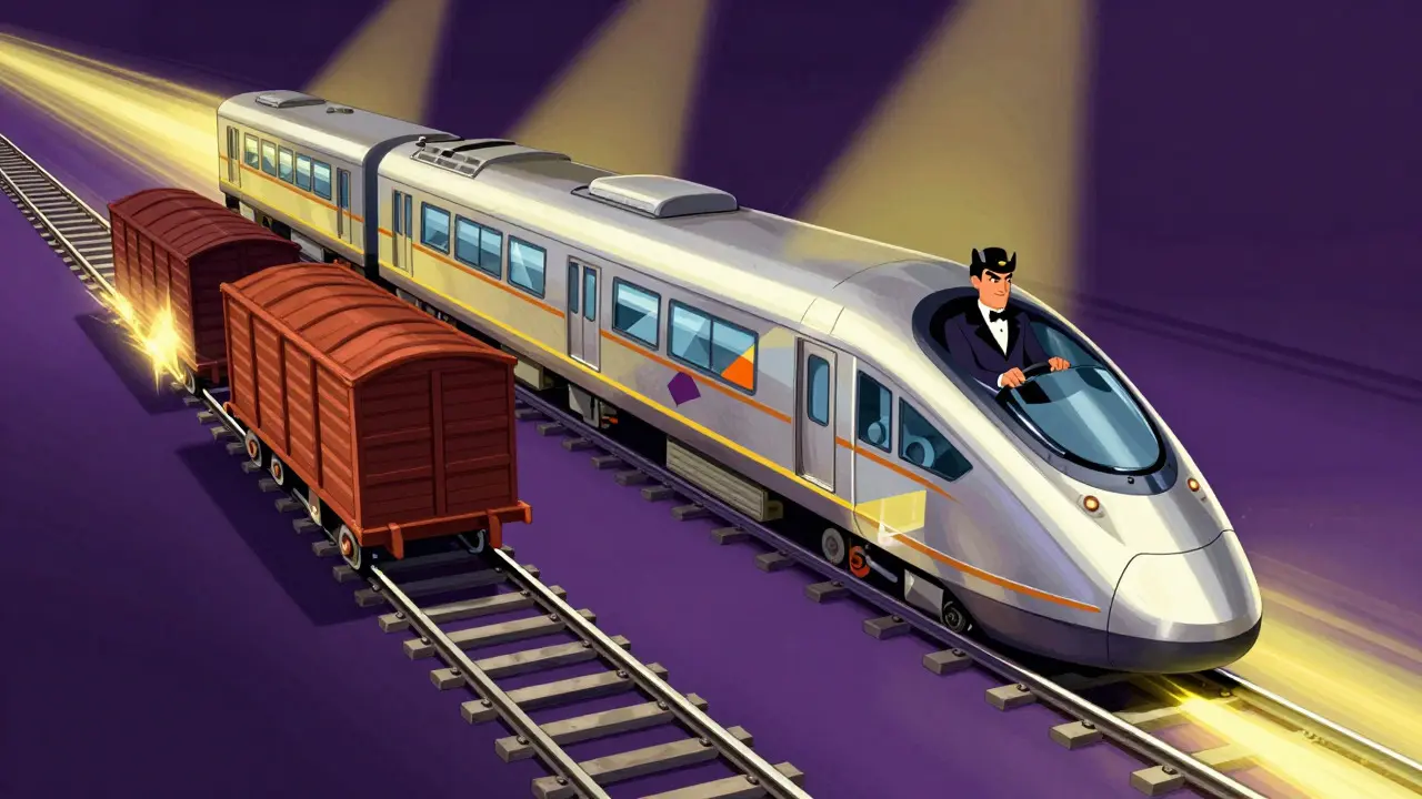 Retro cartoon of a fast train splitting into two tracks