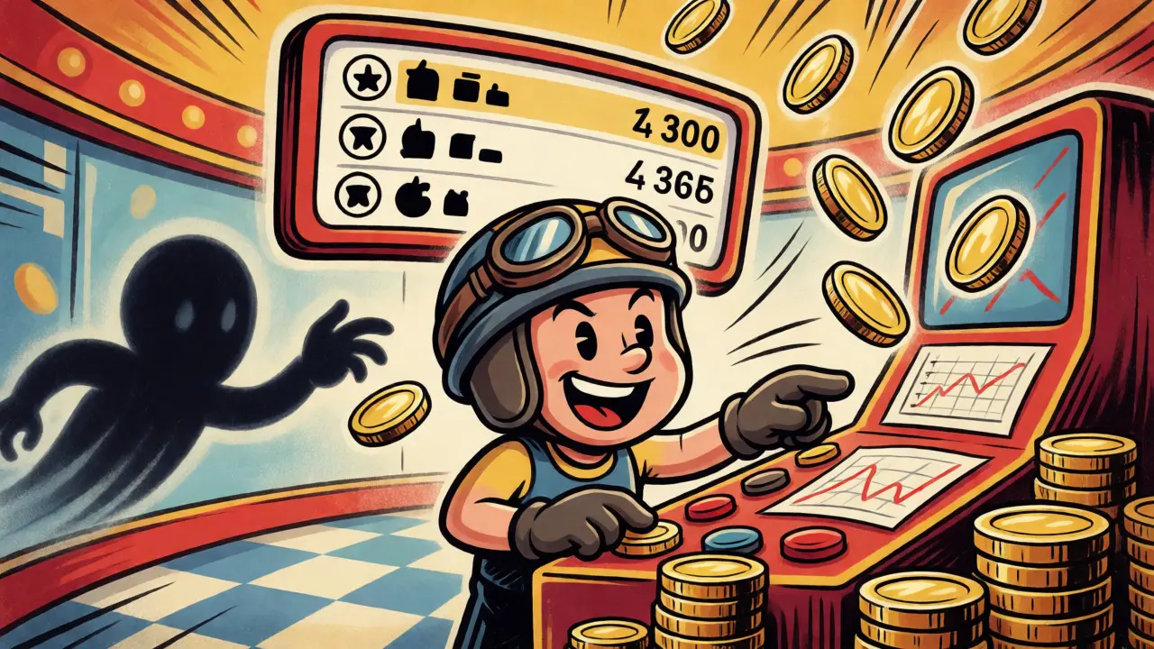 Retro cartoon showing a trader earning rewards via trading competitions while ignoring ghosts.