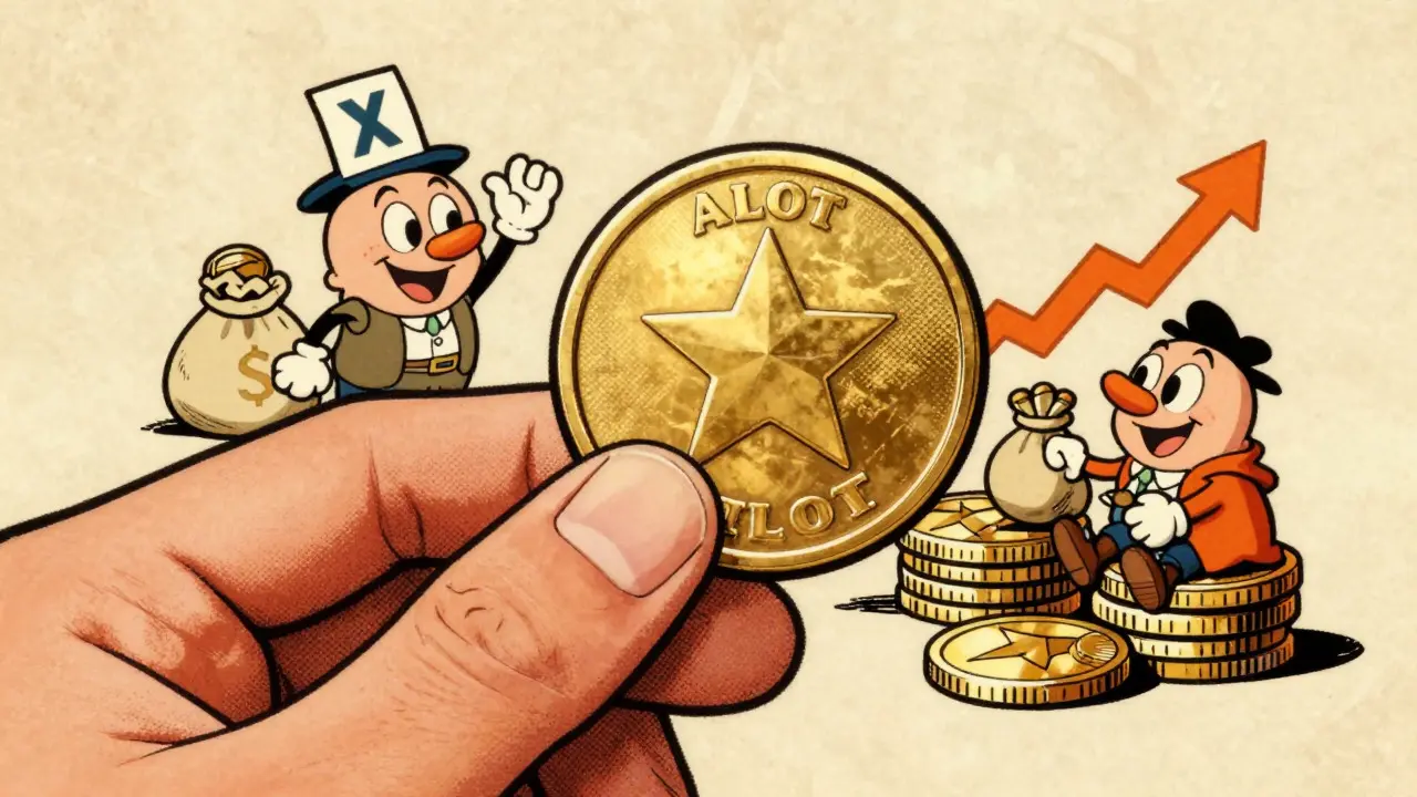 Retro comic style illustration of a coin surrounded by characters representing governance, fees, and staking