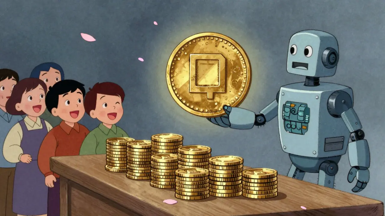 Retro illustration of a robot distributing identical glowing tokens to a line of happy people