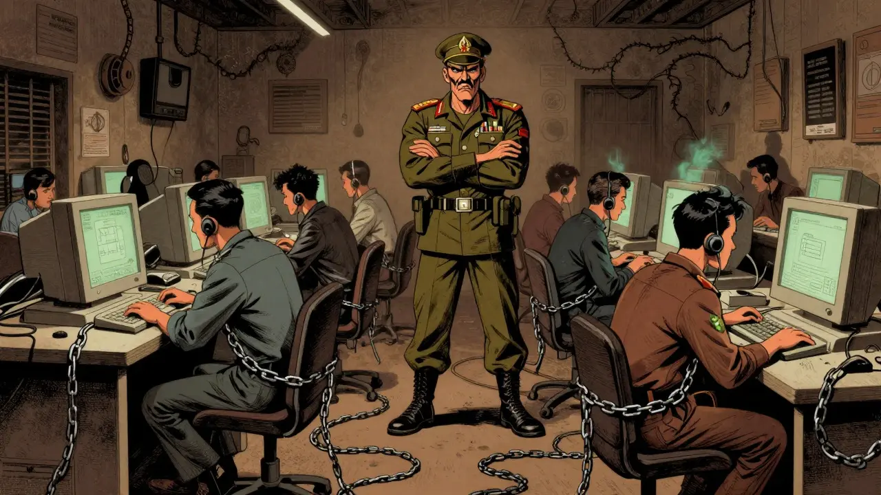 Retro illustration of forced laborers in a scam center overseen by a warlord