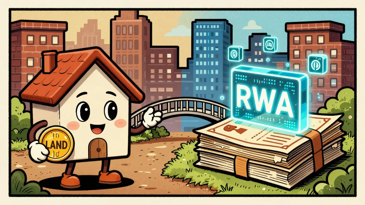 Retro illustration of house token bridging physical deeds to blockchain RWA assets