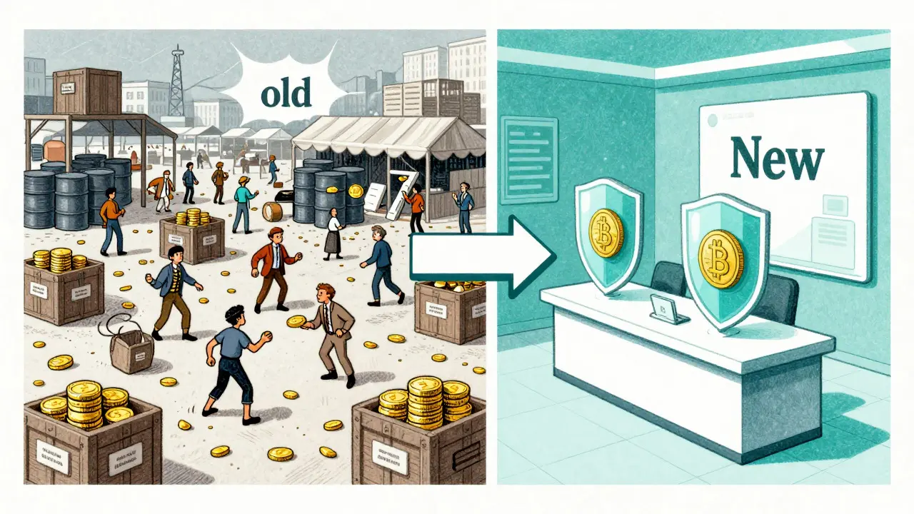 Retro illustration showing transition from chaotic commodity markets to orderly finance