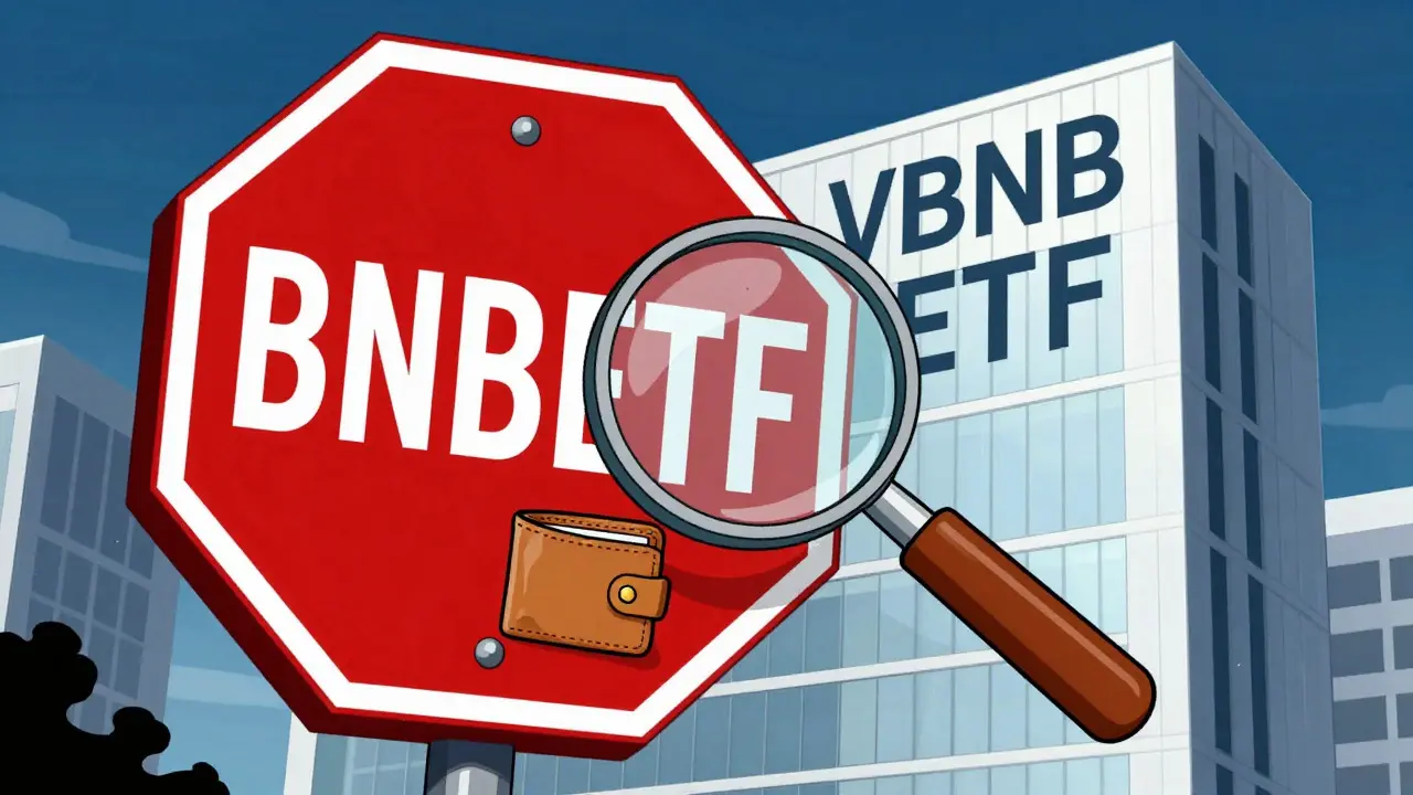 Retro illustration warning about BNBETF token risks with magnifying glass