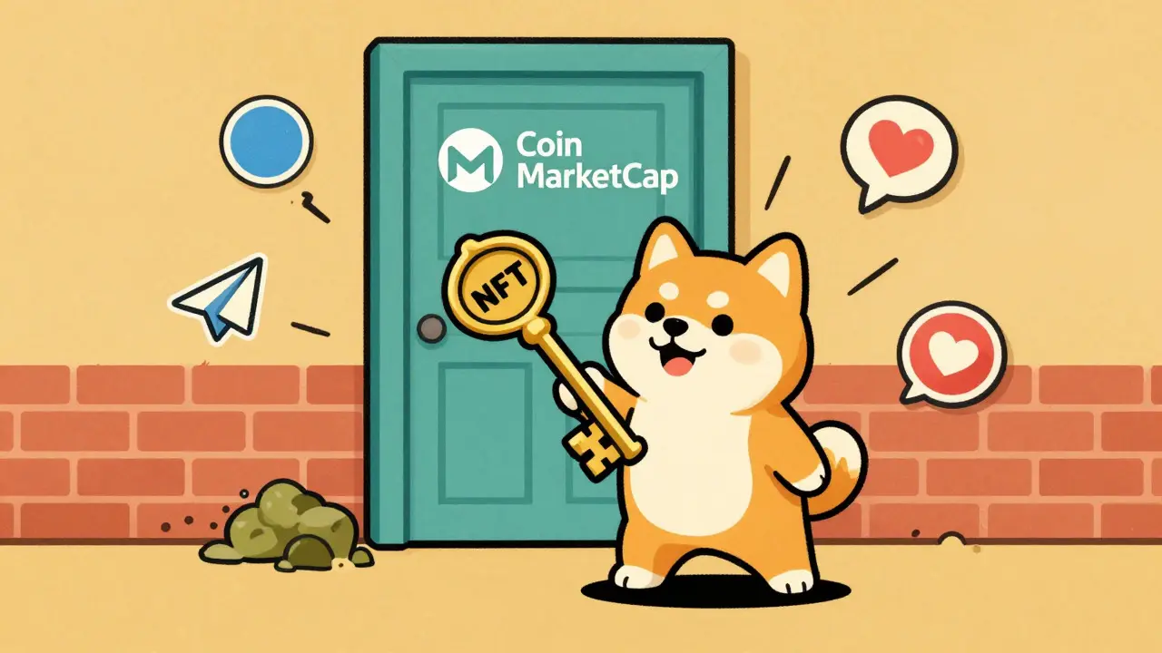 Shiba Inu holding NFT key near social media icons