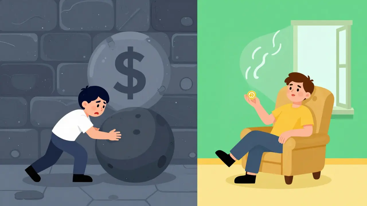 Split-screen cartoon showing a character struggling with high fees versus one relaxing with low-cost swaps.