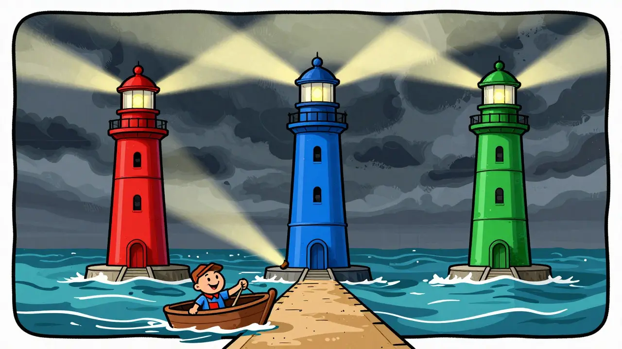 Three lighthouses guiding a boat through stormy waters