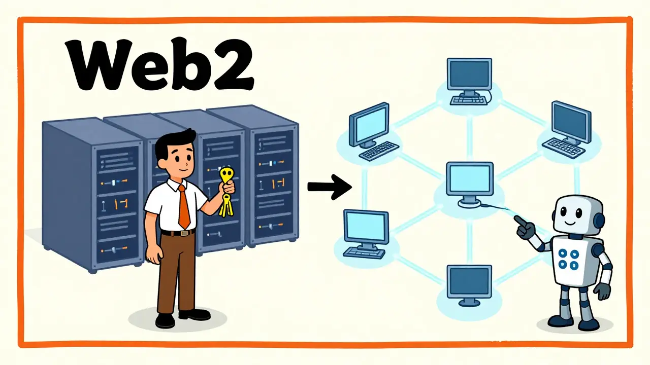 Vintage cartoon comparing centralized Web2 vs decentralized Web3